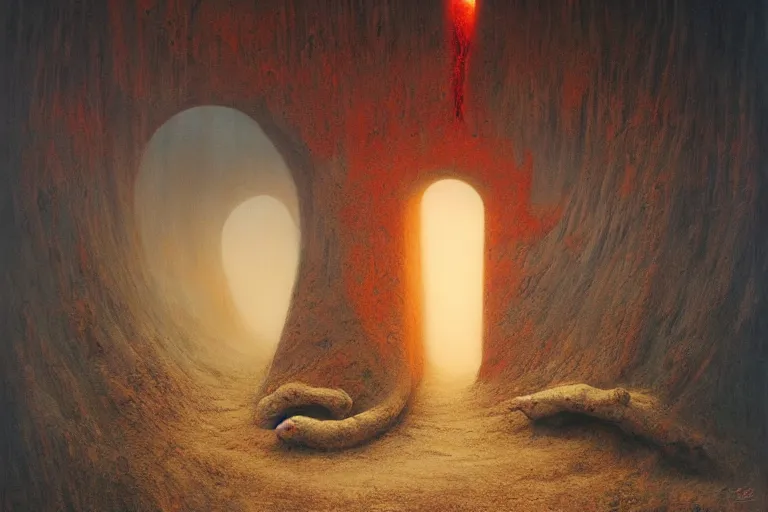 Prompt: portal to hell opening in the desert by tomek setowski and zdzislaw beksinski, deep rich colors, surreal oil painting, dream like, highly detailed, symmetry, masterpiece