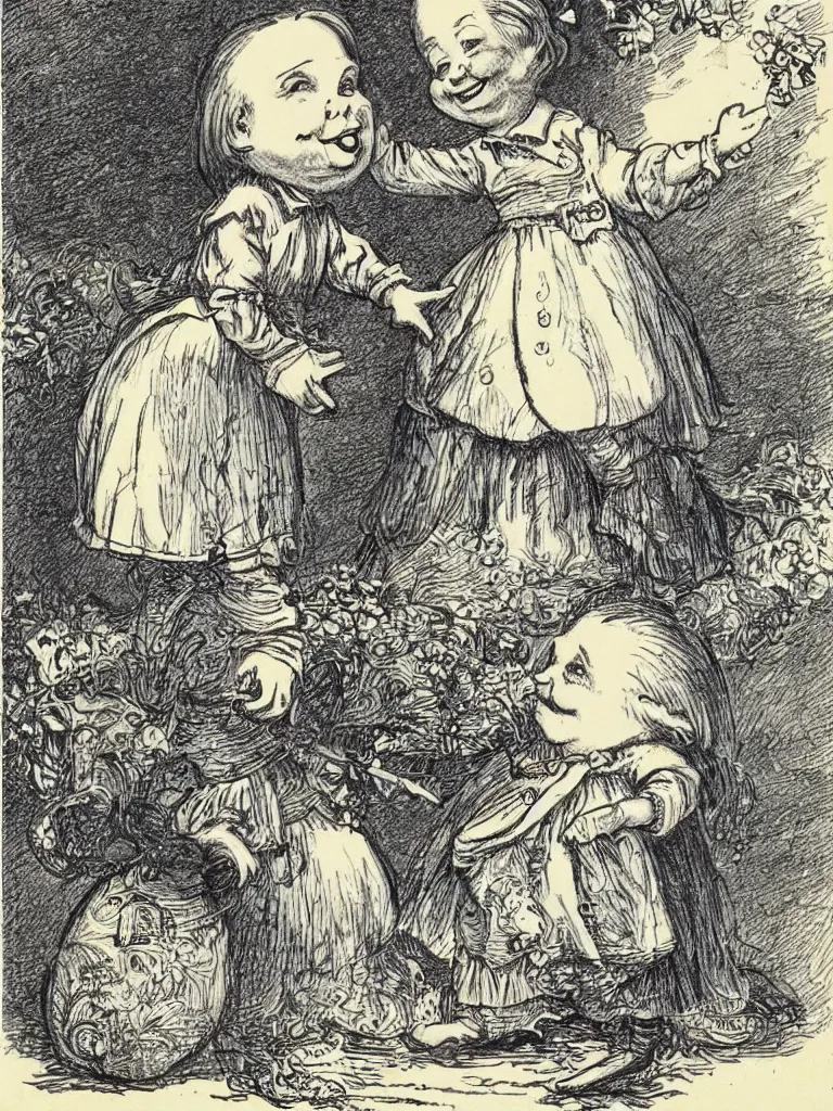 Prompt: Tenniel illustration portrait of Alice smiling happily