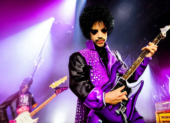 Image similar to photo still of prince from purple rain on stage at vans warped tour!!!!!!!! at age 3 3 years old 3 3 years of age!!!!!!!! serving pancakes to the crowd, 8 k, 8 5 mm f 1. 8, studio lighting, rim light, right side key light