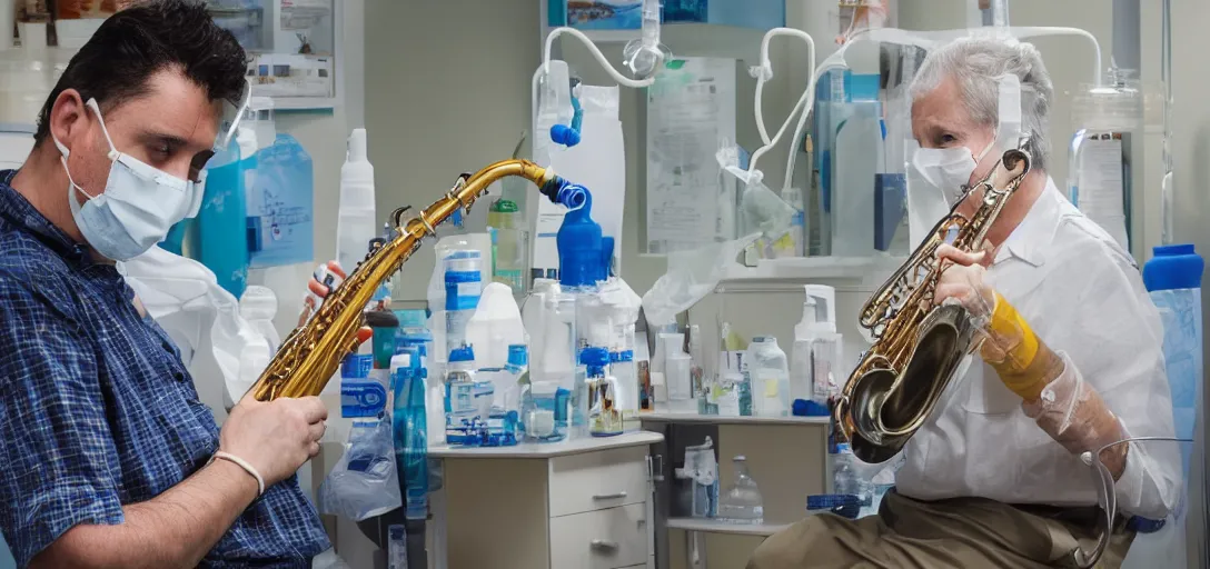 Image similar to doctor playing saxophone made out of clear tubing, syringes, urine collection bag, iv pole, fluid bag, nebulizer equipment, bag - valve mask, defibrillator, coban