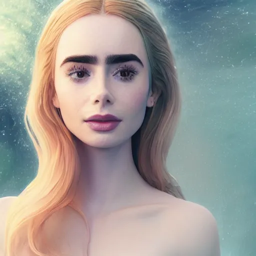 Image similar to a beautiful blonde queen girl lily collins, floating under the deep dream water, beautiful smooth soft light + white petal, oil paint, octane render, unreal engine 5, closeup, 4 k, highly detailed, instagram,