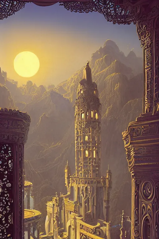 Image similar to ancient silver tower of the moon, distance view, fairytale illustration, elaborate carved latticed balconies, tall windows, moorish architecture, formal gardens, dramatic cinematic lighting, soft colors, golden age illustrator, unreal engine, by Andreas Rocha and Ludwig Deutsch and (Maxfield Parrish and Nicholas Roerich)