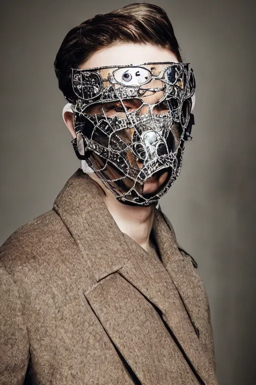 Prompt: fashion show featuring men's wear based in 9 0 s england, fashion photography, vogue cover, elaborate lights. mask on face, accurate details, ultra hd, beautiful background