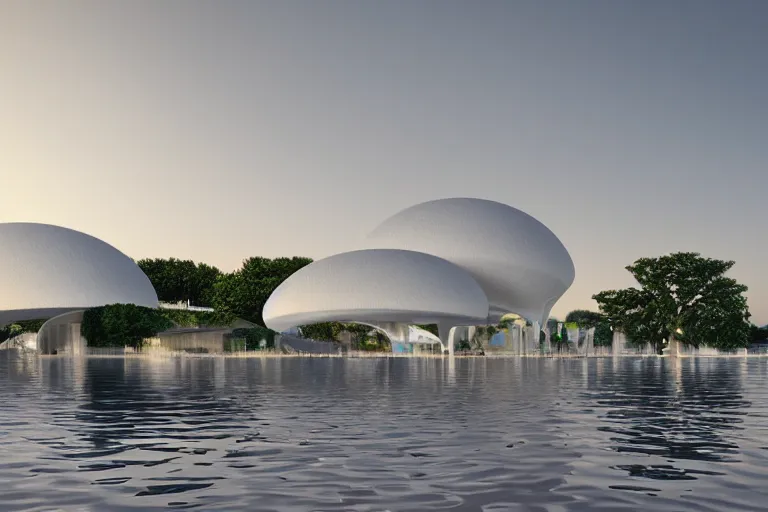 Prompt: a building composed of many white spherical egg shaped circular spaces arranged up and down. on the calm lake, people's perspective modern curved architecture, future, wood, marble, metal award winning, highly detailed 4 k art, dusk, unreal engine highly rendered, global illumination, radial light, internal environment by kazuyo sejima