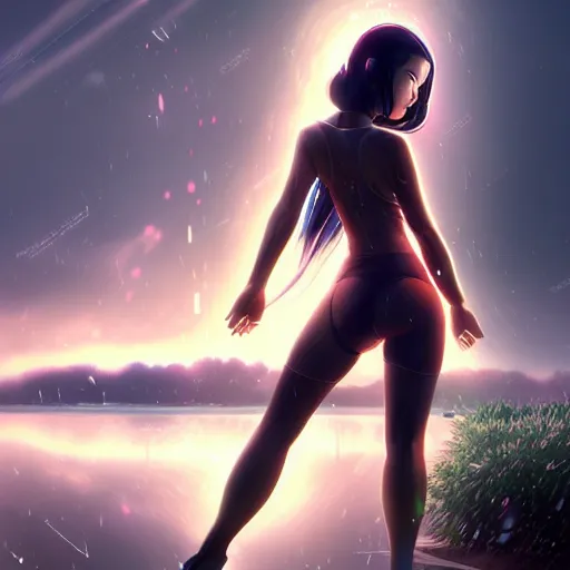 Image similar to beautiful young asian woman as a beautiful cyborg - angel girl standing on a lake, rainfall, biomechanical details, digital cyberpunk anime art, full body shot, reflections, lens flare, wlop, ilya kuvshinov, artgerm, krenz cushart, greg rutkowski