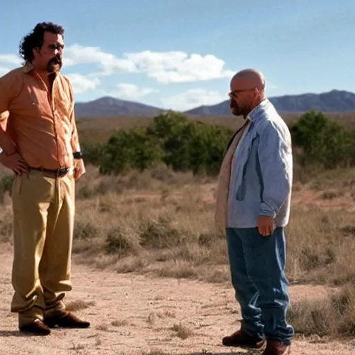 Image similar to walter white with pablo escobar talking about blue sky meth ( cinematic still frame shot, great detailed, good quality, greatly illustrated, uhd, studio lighting, 8 k, photo - realistic, hyperrealistic )