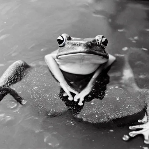 Prompt: An old photo of a sophisticated frog in a nice suit, he is chilling in a pool