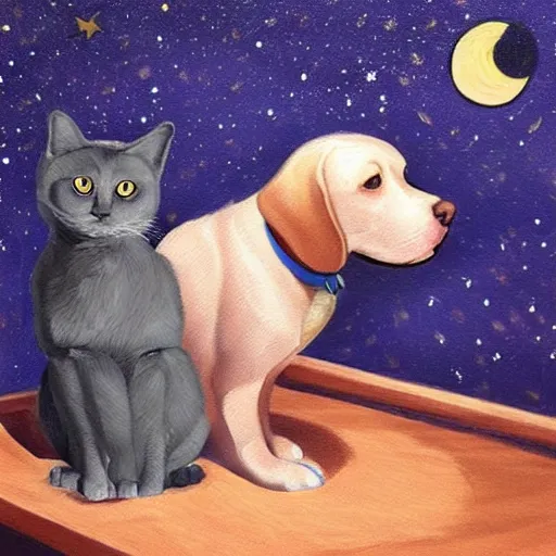 Prompt: A painting of a dog and a cat staring up at the night sky from https://www.artstation.com/smartist