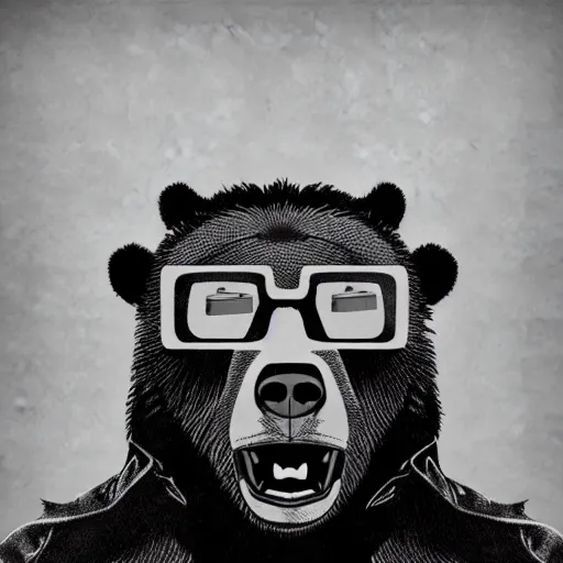 Prompt: oversized grizzly bear wearing gunglasses and a leather jacket being interviewed on the joe rogan podcast experience, monochromatic, digital art, minimalistic