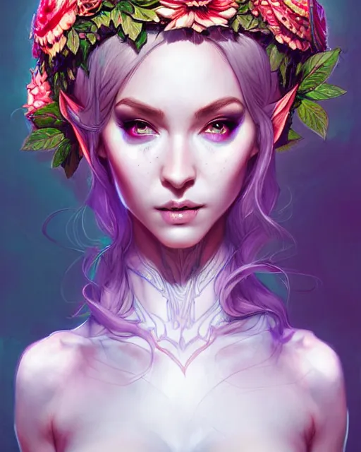 Image similar to digital art, centered full body elven bride with short hair, vivid flower crown ,intricate, veins, by James Jean and by artgerm, by ross tran , ultradetailed, charachter design, concept art, trending on artstation,