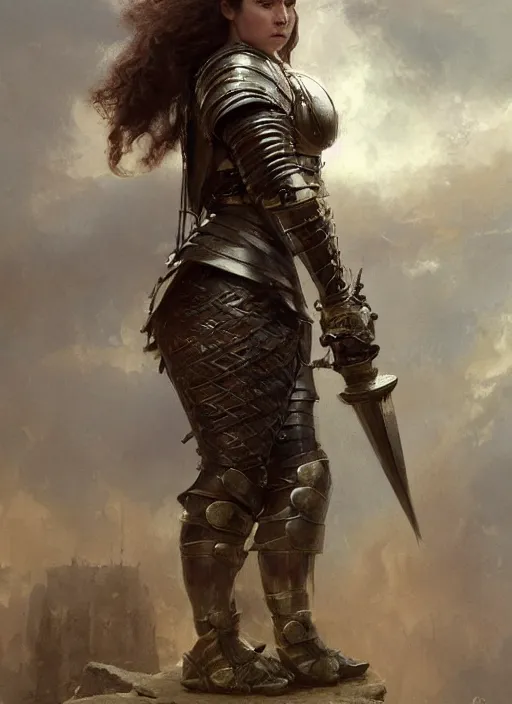 Prompt: short muscular woman wearing thick medieval armour, emilia clarke, detailed by gaston bussiere, bayard wu, greg rutkowski, maxim verehin, greg rutkowski, masterpiece, sharp focus, cinematic lightning