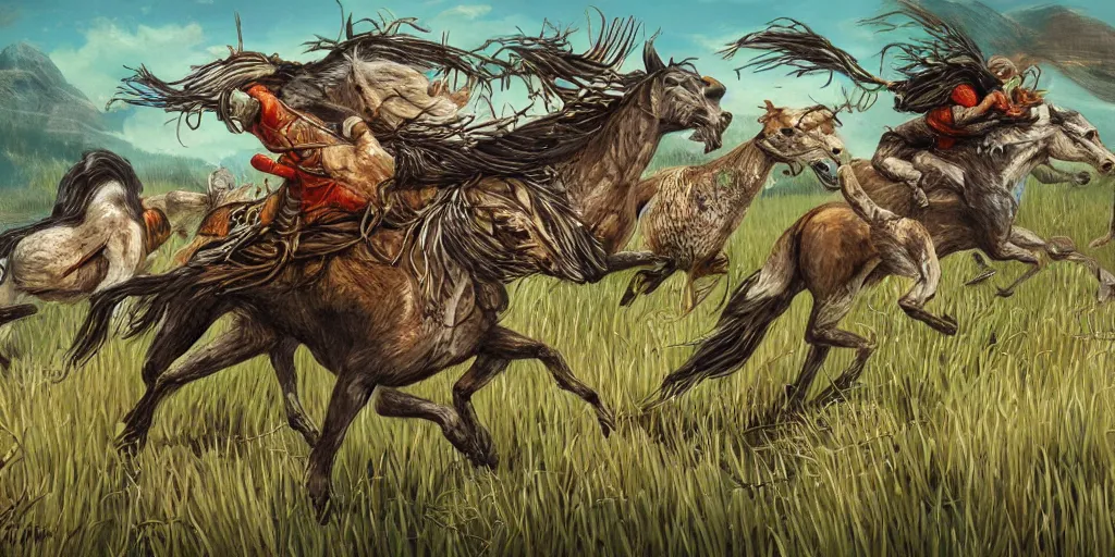 Image similar to wild rice-grain creatures galloping through the wilderness, style of Magic the Gathering, fantasy art