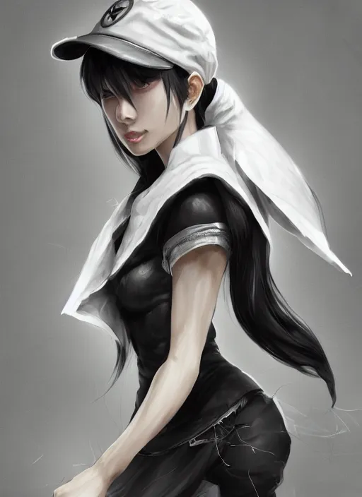 Image similar to a highly detailed illustration of fierce tall amazon messy ponytail black haired one armed delinquent japanese woman wearing white cap wearing long white jacket with cape, dramatic pose, muscular, perfect face, perfect body, intricate, elegant, highly detailed, centered, digital painting, artstation, concept art, smooth, sharp focus, league of legends concept art, wlop.