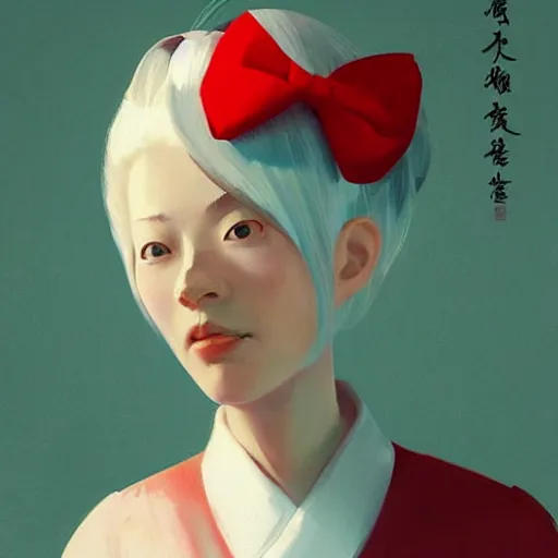 Image similar to Portrait of a japanese young lady with a long white!!!! white hair and a red ribbon, Rim Lighting, Lantern, by Sergey Kolesov