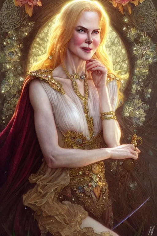 Image similar to nicole kidman as a princess, fantasy, intricate, elegant, highly detailed, digital painting, artstation, concept art, matte, sharp focus, illustration, art by artgerm and greg rutkowski and alphonse mucha