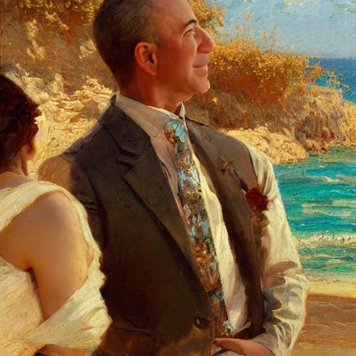 Image similar to detailed cinematic shot of jeff bezos with white clothes in the mediterranean beach, spring light, painting by gaston bussiere, craig mullins, j. c. leyendecker