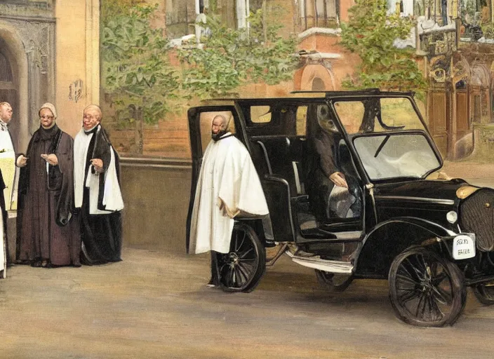 Prompt: A bishop getting out of a Suzuki Alto, victorian era painting