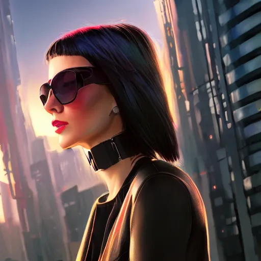 Prompt: a closeup portrait of a young young woman as a cyberpunk protagonist, shag cut hairstyle, sunglasses implants, cyborg, dramatic light, city background, megacity, sunset, high contrast, sharp, painted by stanley lau, painted by greg rutkowski, painted by stanley artgerm, digital art, trending on artstation