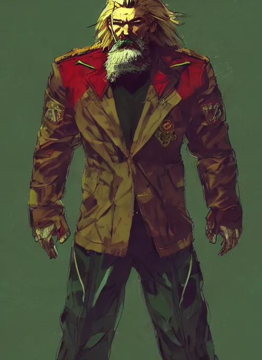 Image similar to Full body portrait of an old muscular man with blonde hair and beard red, green and gold jacket. In style of Yoji Shinkawa and Hyung-tae Kim, trending on ArtStation, dark fantasy, great composition, concept art, highly detailed.