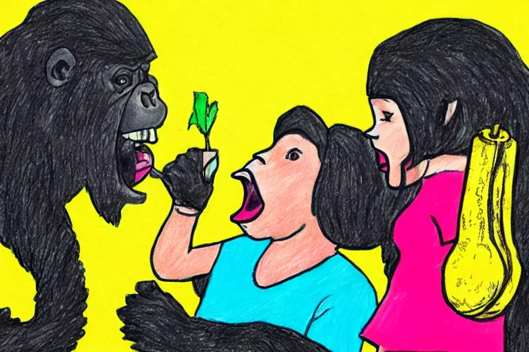 Image similar to Kids crayon drawing of a girl wearing girl shouting to a gorilla eating a banana