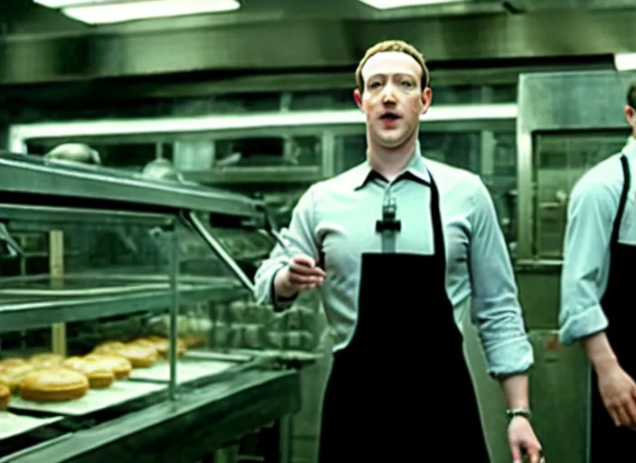 Image similar to film still of mark zuckerberg as agent smith working in a bakery in the new matrix movie, 4 k