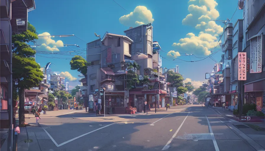 Prompt: A highly detailed matte painting of a suburban tokyo street with a bright shimmering sky by Studio Ghibli, Mokoto Shinkai, by Artgerm, by beeple, volumetric lighting, octane render, 4K resolution, trending on artstation, vivid colours