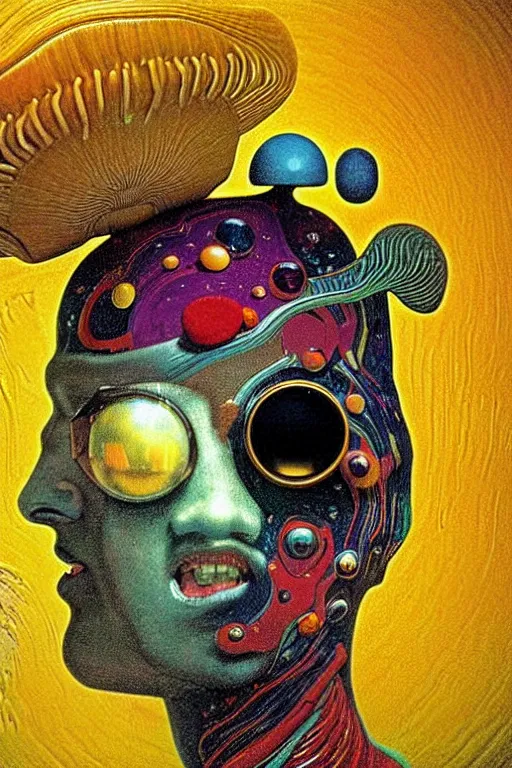 Image similar to 8 0 s art deco close up portait of mushroom head with big mouth surrounded by spheres, rain like a dream oil painting curvalinear clothing cinematic dramatic cyberpunk fluid lines otherworldly vaporwave interesting details epic composition by basquiat james jean artgerm rutkowski moebius francis bacon gustav klimt