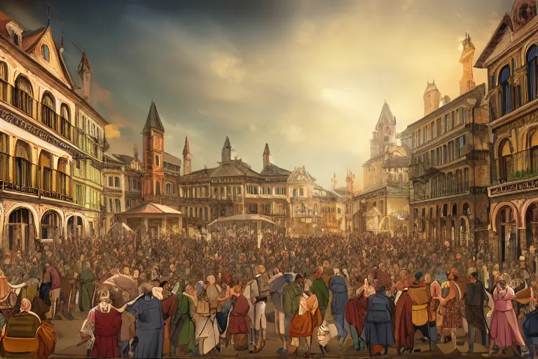 Image similar to cell shaded key visual of a renaissance city square, crowds of people, dramatic lighting