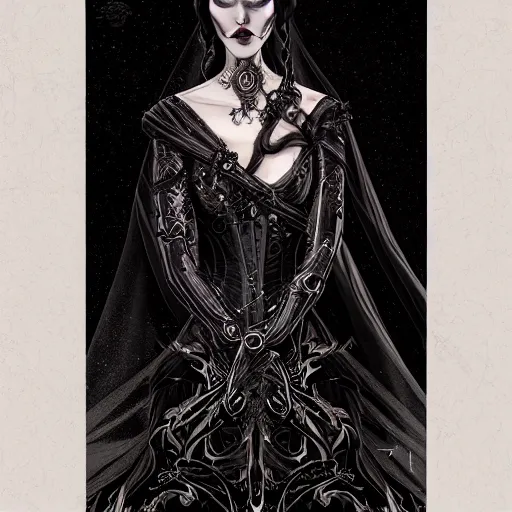 Image similar to beautiful and haunting portrait of a death countess, in the style of Midjourney, elegant and intricate stylized design of royal dress with corset, ethereal, sinister, cinematic, art style by James Jean, Darius Zawadzki, Artstation trending, 8k