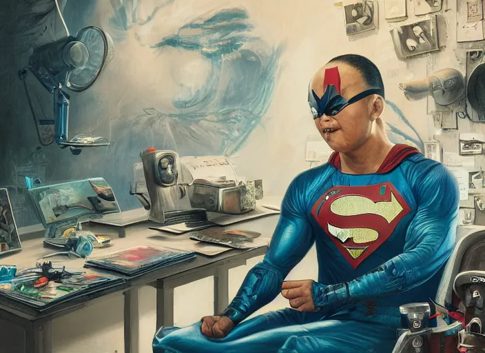 Image similar to an insanely detailed painting of an asian man wearing a homemade superhero costume, realistic face, sitting at a desk, staring seriously at the computer and typing, in the style of peter mohrbacher, james jean, artgerm, dramatic lighting and composition, surreal background, octane render, pixar, trending on artstation, concept art, comic book, 8 k