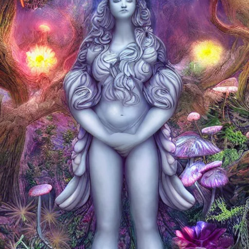 Prompt: an idealistic marble statue, fully clothed, with fractal flowery hair in a fractal garden, glowing delicate flower and mushrooms that grow in a dark fatansy forest on the planet pandora,, symmetrical,