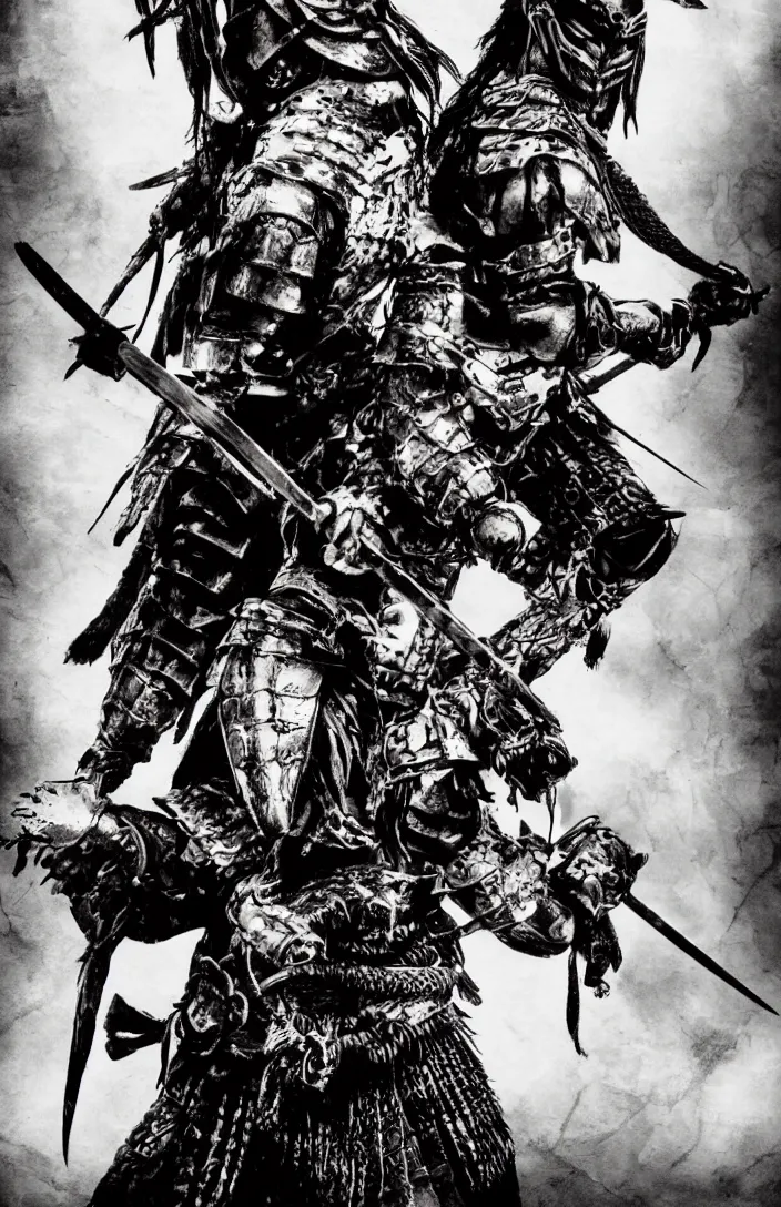 Image similar to movie film poster art for samurai vs predator film shot in feudal japan staring hiroyuki sanada. in the style of ansel adams, frank frazzetta, warcraft