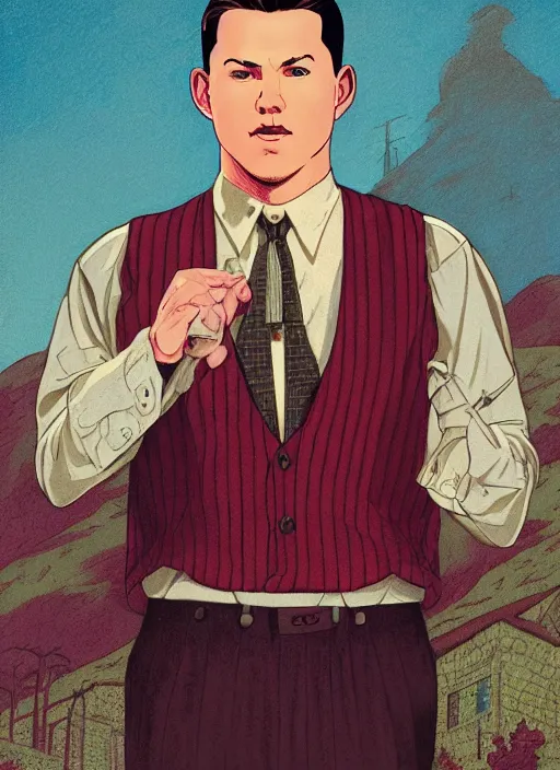 Prompt: Twin Peaks artwork by Michael Whelan, Bob Larkin and Tomer Hanuka, of a solo individual portrait of Channing Tatum wearing a 1920s red striped outfit, dapper, simple illustration, domestic, nostalgic, full of details, by Makoto Shinkai and thomas kinkade, Matte painting, trending on artstation and unreal engine