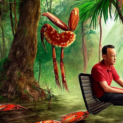 Prompt: Tom Hanks as forrest gump sitting on a giant shrimp in the jungle, realistic digital painting, in the style of Taeyoung Choi, photoreailstic, realistic face, amazing detail, sharp