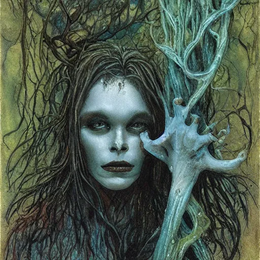 Prompt: evil rusalka of the blighted swamp, aquiline features, holding a human skull thin, young black shimmering hair, by brian froud, cold secondary colors, colors reflecting on lake, swamp roots and dead trees, oil on canvas, oil panting