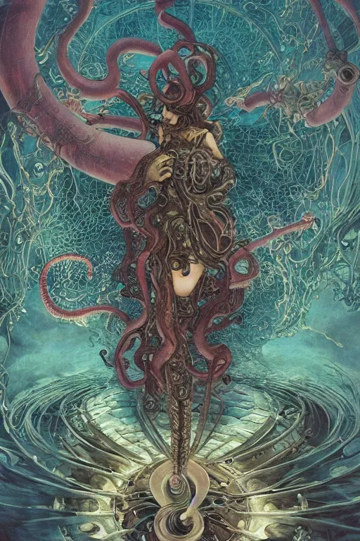 Image similar to swimming through time, inter dimensional clockwork, kowloon tentacles, by artgerm and yoshitaka amano and moebius and hr giger and zdislaw beksinski and alphonse mucha, hyperdetailed, glamour, surreal, dc comics, ornate, stunning, nebula, explosions in the sky, trending on artstation