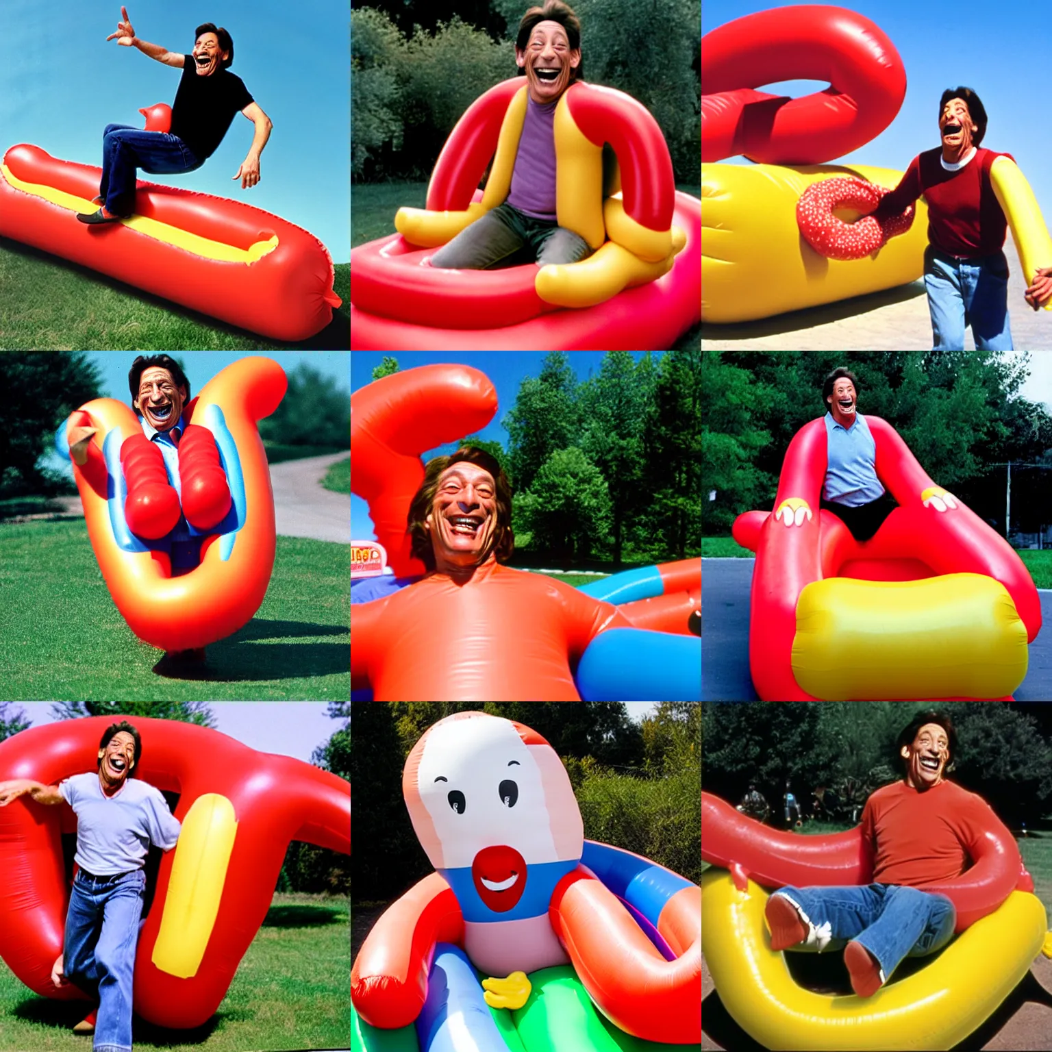 Image similar to jim varney laughing while he rides a large, inflatable hotdog.