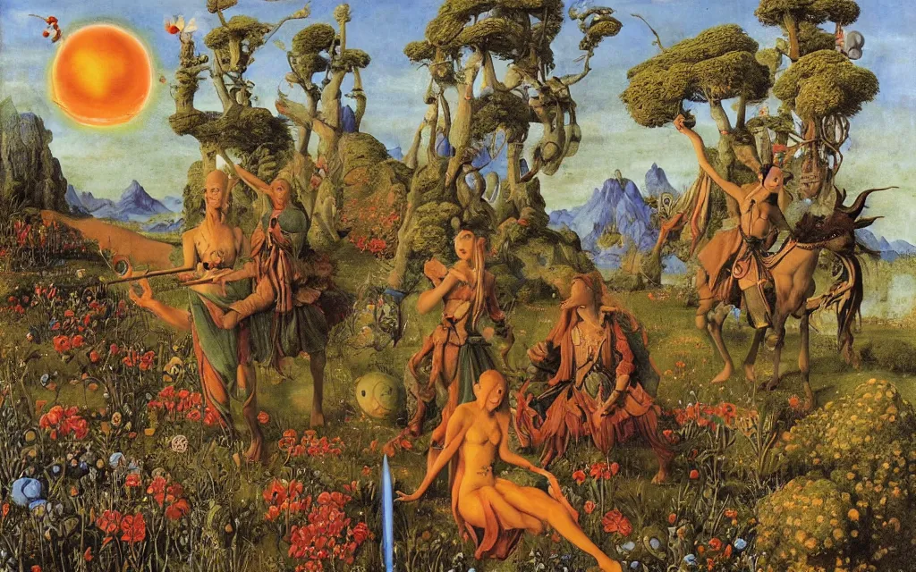 Prompt: a portrait photograph of a meditating elf and a centaur monk riding a rocket machine and hunting at a river delta. surrounded by bulbous flowers and trees. mountain range under a blue sky of fiery stars. by jan van eyck, max ernst, ernst haeckel, ernst fuchs and artgerm, cgsociety, fashion editorial, 8 k