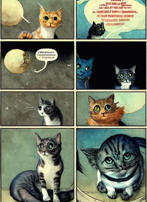 Image similar to a hyper realistic ink cat in a spaaceship 6 panel comic by chiara bautista and norman rockwell and greg rutkowski weta studio, and lucasfilm