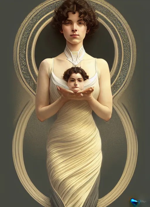 Prompt: symmetrical, full body portrait of a woman with short wavy hair, round face, cottagecore!!, lake, intricate, elegant, highly detailed, digital painting, artstation, concept art, smooth, sharp focus, illustration, art by artgerm and greg rutkowski and alphonse mucha