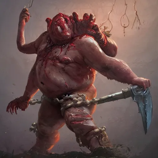 Image similar to a fat fleshy abomination four-arms butcher holding a cleaver and a hook hand, flesh wounded, four arms, chained hook, cleaver knife, meats on the ground, in the style of greg rutkowski, fantasy rpg, league of legends