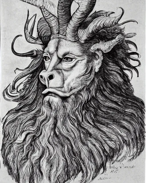 Image similar to a creature with the body and eyes of a man, with the beak of an eagle, the mane of a lion, and the horns of an ox. drawn by francis bacon