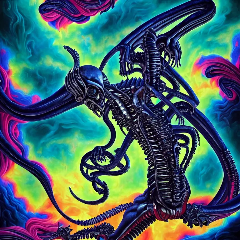 Prompt: xenomorph in heaven, beautiful atmosphere, vibrant saturated colors Lisa Frank color scheme, neoclassic, baroque painting, beautiful detailed intricate insanely detailed octane render trending on Artstation, 8K artistic photography, photorealistic, volumetric cinematic light, chiaroscuro, Hieronymus Bosch, Alex Grey, Raphael, Caravaggio, Beksinski, Giger, Rembrandt