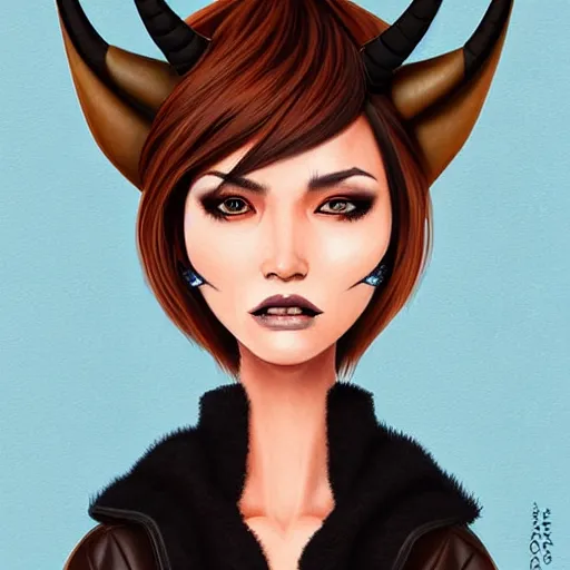 Image similar to illustrated realistic portrait of swept-back prong-horned devil woman with blue bob hairstyle and her tan colored skin and with solid black eyes wearing leather by rossdraws