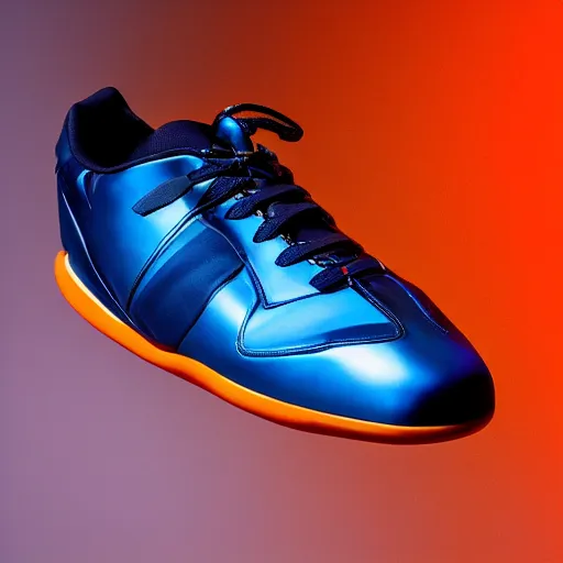 Prompt: futuristic blue and orange metallic sneakers based off bmw 8 i, insanely integrate, award winning photo for fashion magazine, studio light