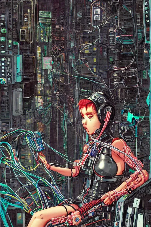 Image similar to an hyper-detailed cyberpunk illustration of a female android seated on the floor in a tech labor, seen from the side with her body open showing cables and wires coming out, by masamune shirow, and katsuhiro otomo, japan, 1980s, centered, colorful