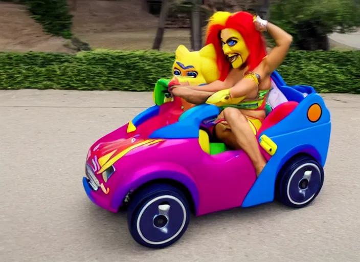 Image similar to the ultimate warrior driving a little tikes cozy coupe, movie still, from the new fast and furious movie, 8 k, realistic
