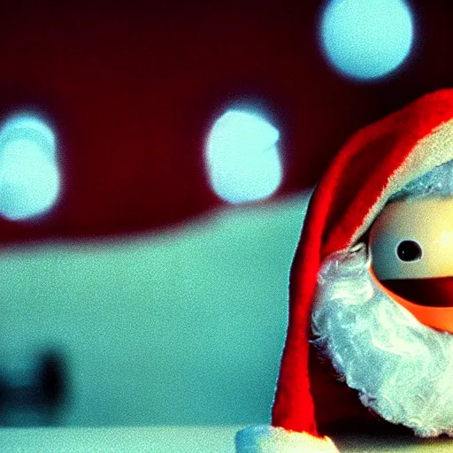 Image similar to a cinematic film still from a 2001 Pixar horror movie about an evil robotic Santa, in the style of Pixar, shallow depth of focus