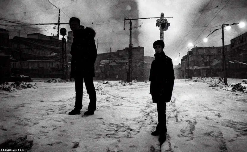 Image similar to In a city of Norilsk on the Moon, a Mysterious man is standing in the middle of a street photo by Trent Parke, bright lights, a city on the Moon