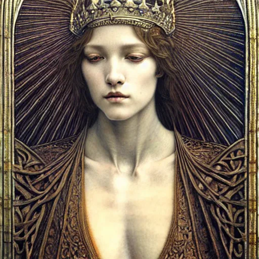 Image similar to detailed realistic beautiful young medieval queen face portrait by jean delville, gustave dore and marco mazzoni, art nouveau, symbolist, visionary, gothic, pre - raphaelite. horizontal symmetry